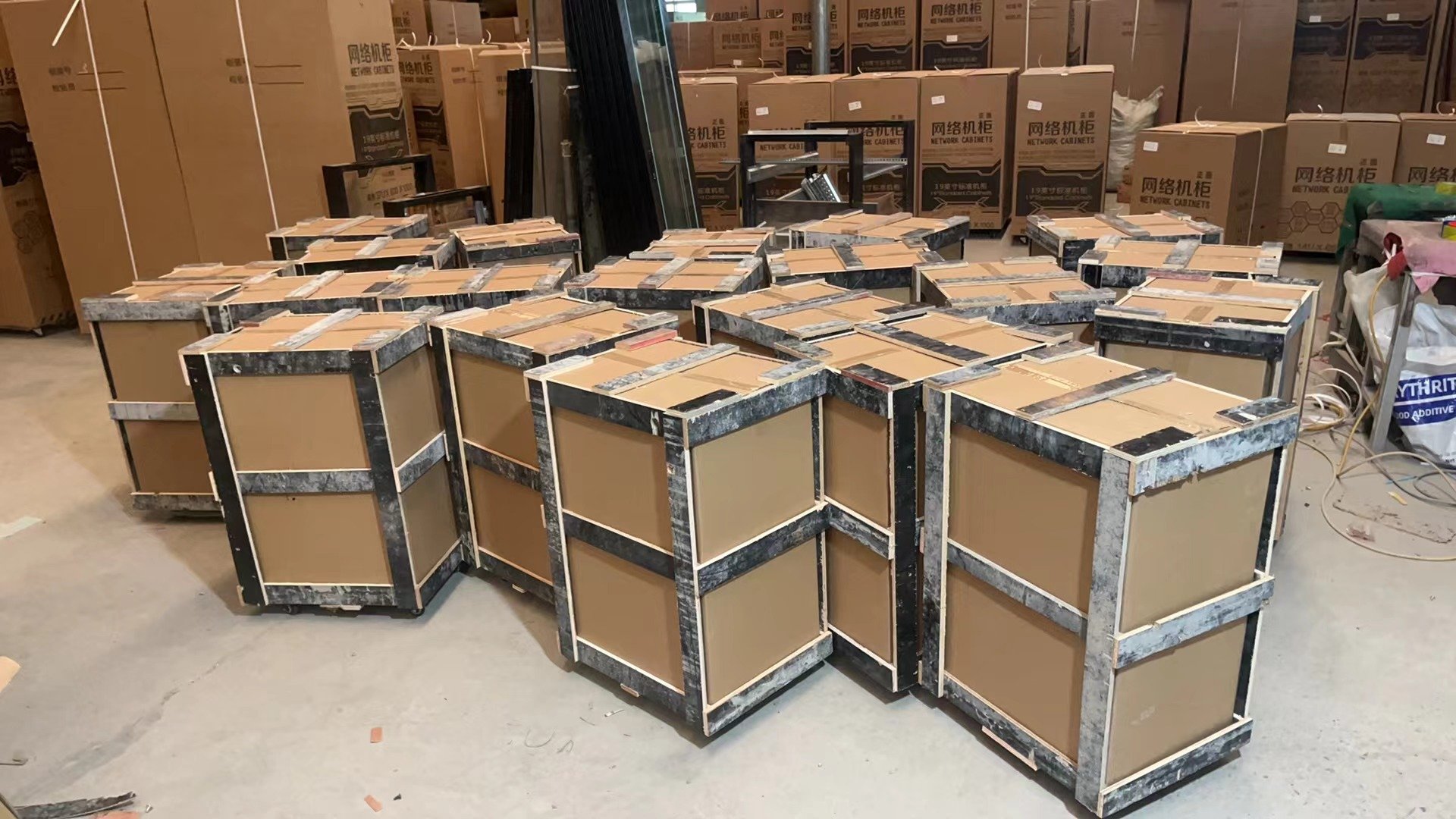 Cabinets secured in reinforced wooden export crates