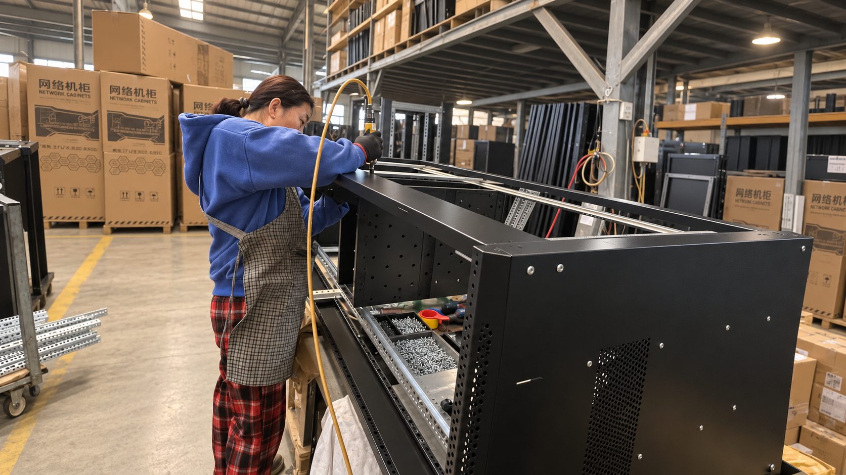 Operator fastening components into a network cabinet frame