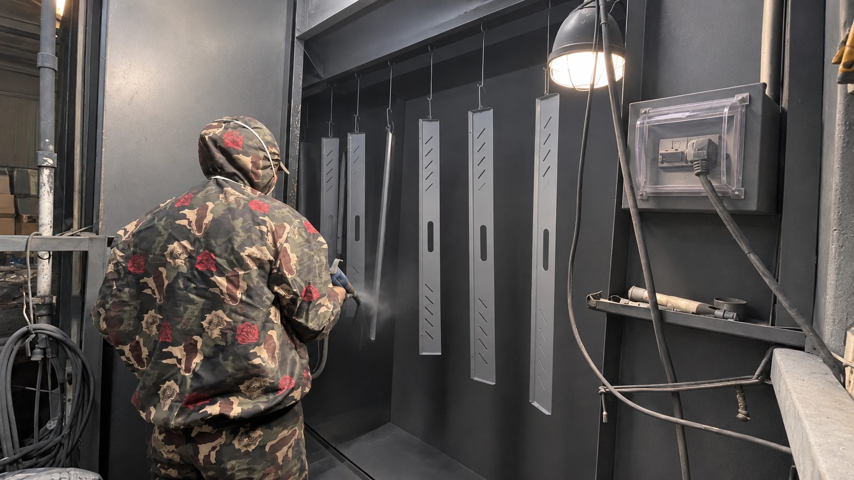 Operator applying a sprayed surface finish to suspended cabinet components